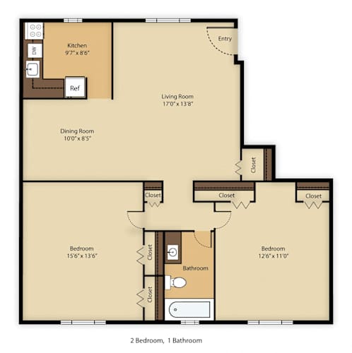 Floor Plan  2 bed 1 bath B at Rivercrest Apartments, New Jersey