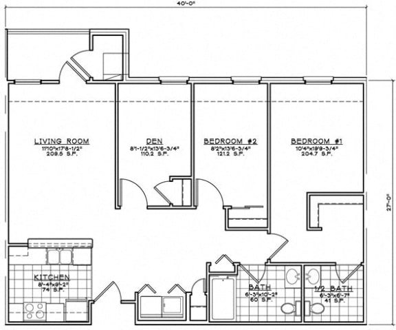 Floor Plan  2 Bedroom Unit w/Den