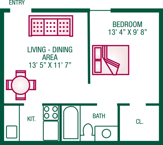 Floor Plan  1 Bedroom / 1 Bath - Plan E