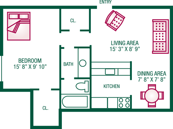 Floor Plan  1 Bedroom / 1 Bath - Plan D
