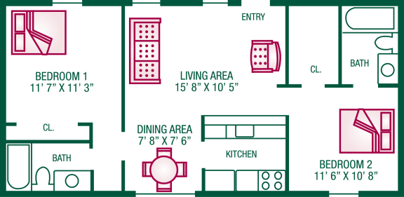 Floor Plan  2 Bedroom / 2 Bath - Plan C