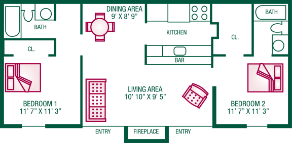 Floor Plan  2 Bedroom / 2 Bath (with Fireplace) - Plan A