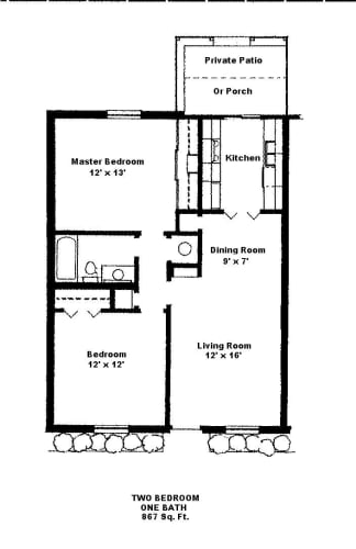 Floor Plan  2 Bedroom, 1 Bath, Patio