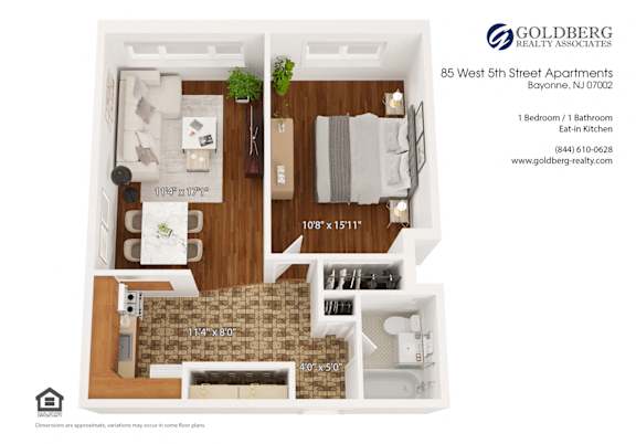 Floor Plan  One Bedroom with Open Kitchen