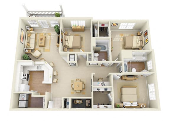 Floor Plan  three bedroom apartment at Glen Park Apartment Homes in Smyrna, GA