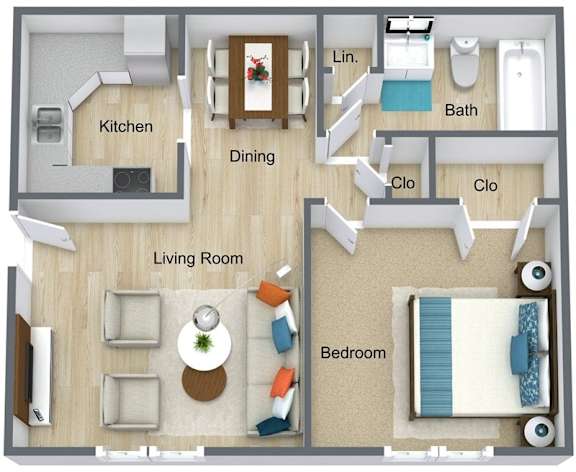 Floor Plan  1 Bed 1 Bath-Classic (OCN1x1)
