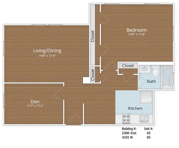 Floor Plan  809 SF One Bedroom and Den at Park Crest Apartments, District of Columbia