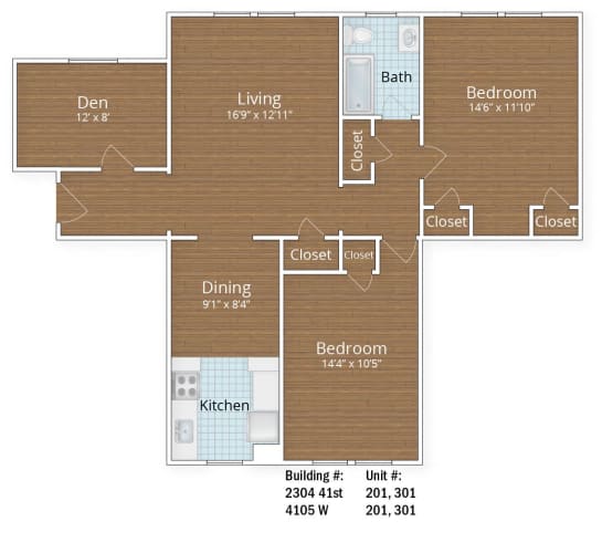 Floor Plan  1107 SF  Two Bedroom and Den Apartment at Park Crest Apartments, Washington, DC 20007