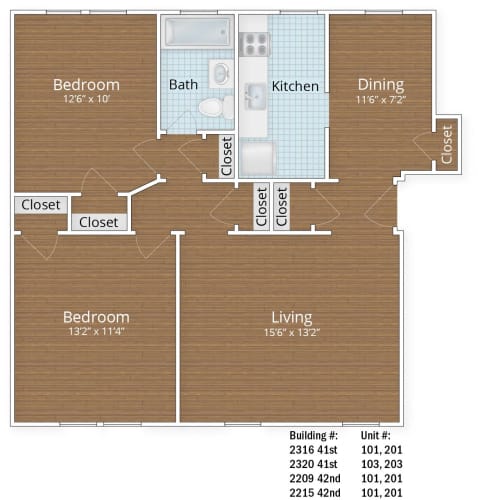 Floor Plan  905 SF Two Bedroom at Park Crest Apartments, Washington, DC 20007