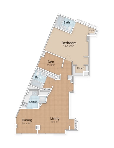 Floor Plan  One Bedroom Two Bath Den Floor Plan at Diplomat Apartments Washington DC 20009