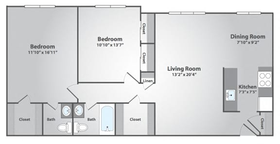Floor Plan  2 Bedroom, 1.5 Bath Medium