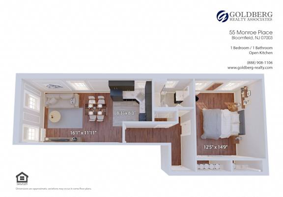 Floor Plan  1 Bedroom with Open Kitchen