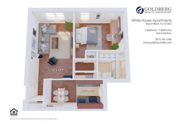 Floor Plan  One Bedroom 1 bath Eat in Kitchen
