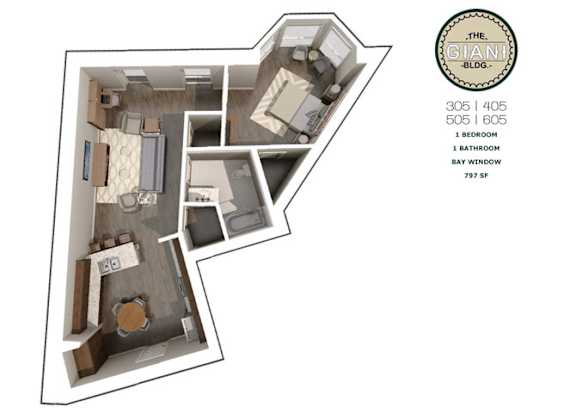 Floor Plan  1 Bed 1 Bath Bay Window