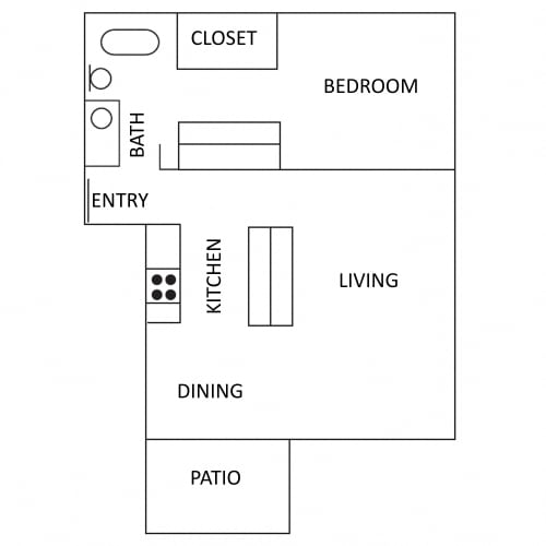 Floor Plan  1 bedroom and 1 bathroom apartment is 800 square feet. 1 bedroom with a closet and a bathroom. A kitchen with a living and dining area and a patio.
