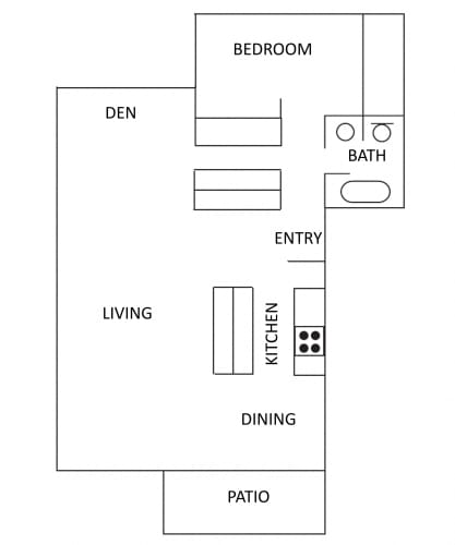 Floor Plan  1 bedroom 1 bathroom and 1 den is 1,150 square feet. The bedrooms have a closet and the den has a closet.  A living and dining area, galley kitchen and a patio.