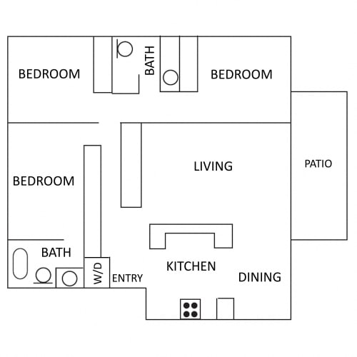 Floor Plan  3 bedrooms 2 bathroom is  a 1,500 square feet apartment with a pass through kitchen. The living room has a patio sliding door leading to a patio or balcony. The dining area has built in book shelves.