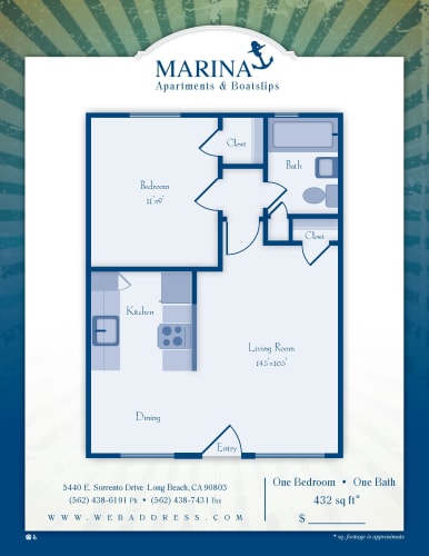 Floor Plan  Marina Apartments & Boat Slips Long Beach, CA One Bedroom One Bathroom Floor Plan 470 - 675 SF
