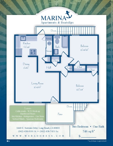 Floor Plan  Marina Apartments & Boat Slips Long Beach, CA Two Bedroom One Bathroom Floor Plan 800 SF