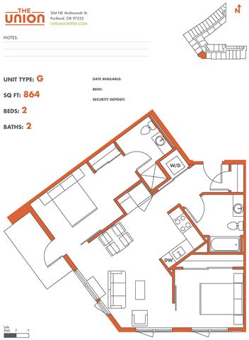 Floor Plan  The Union Portland OR 2 Bedroom Sq Ft 865 Unit G-2