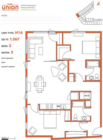 Floor Plan  The Union Portland OR 2 Bedroom Sq Ft 1234 Unit H1A-2