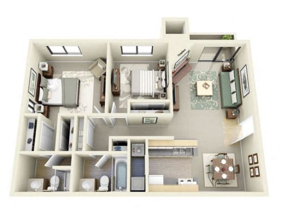Floor Plan  3D Floor Plan Image of The Overlook - two bedroom apartments near me