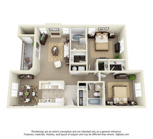 Floor Plan  Escalante Two Bedroom Two Bathroom Floor Plan 3D Image
