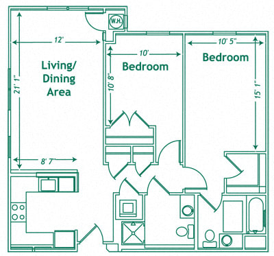 Floor Plan  The Oak 2 Bedroom 2 Bathroom Floor Plan