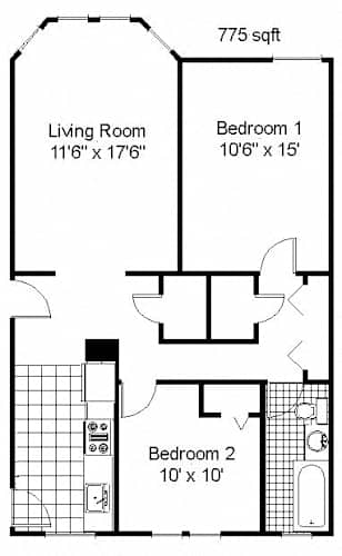 Floor Plan  2 Bedroom, 1 Bath