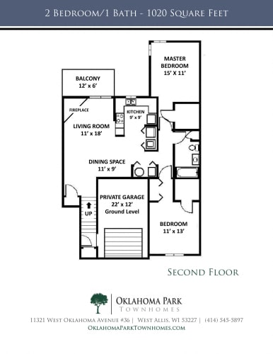 Floor Plan  2 Bedroom, 1 Bath Upper Townhome with Fireplace Floorplan at Oklahoma Park Townhomes