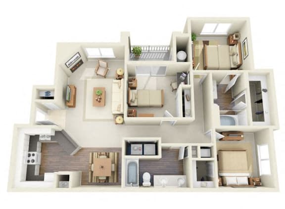 Floor Plan  Morisot 3 Bedroom 2 Bathroom 3D Floor Plan