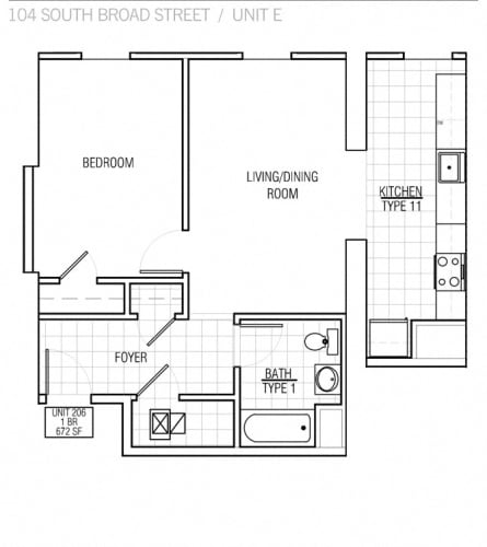 Floor Plan  1 Br 1 Ba Type E