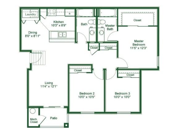 Floor Plan  3 Bedroom 2 Bath floor plan, 1,181 square feet