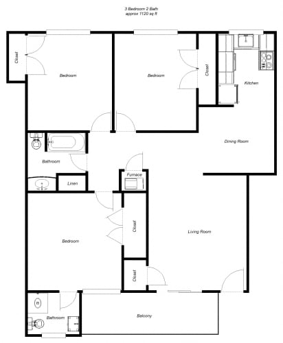 Floor Plan  3 Bedroom floor plan for Midtown Apartments