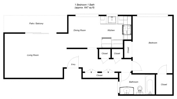 Floor Plan  1 Bedroom floor plan for Del Prado II Apartments