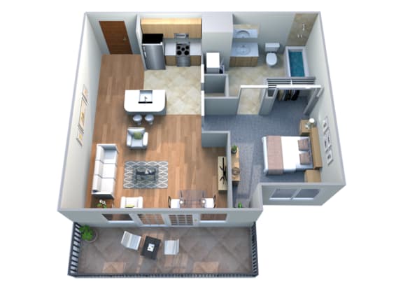Floor Plan  A 3D floor plan of a small apartment with a kitchen, living room, and bathroom at Soren in Ballard