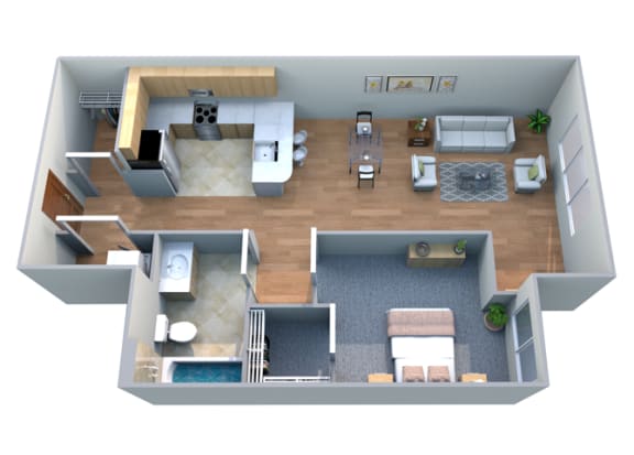 Floor Plan  A 3D floor plan of a house with a kitchen, living room, dining room, and bathroom at Soren Ballard