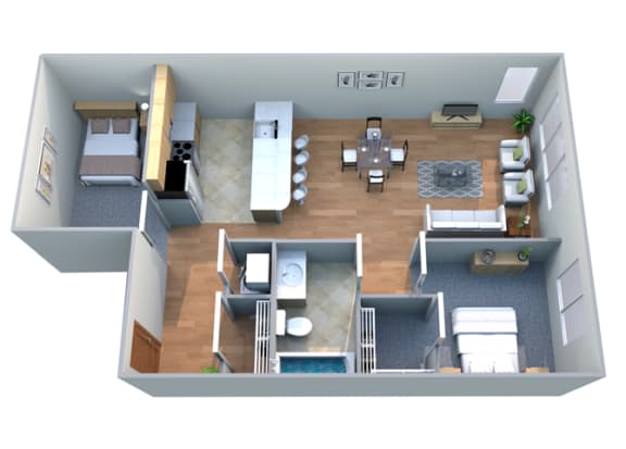 Floor Plan  A 3D rendered image of a small 1 bedroom apartment layout