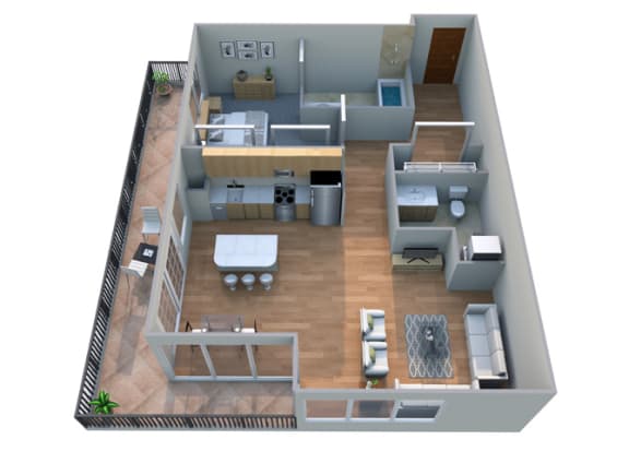Floor Plan  A 3D floor plan of a small apartment with a kitchen, living room, and bathroom