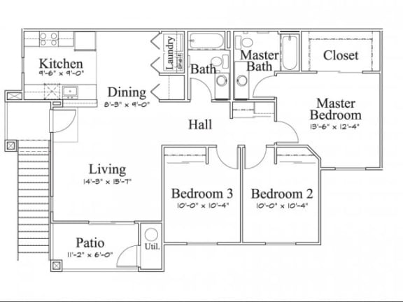 Floor Plan  3 Bedroom 2 Bath Floor Plan, 1,181 square feet with patio
