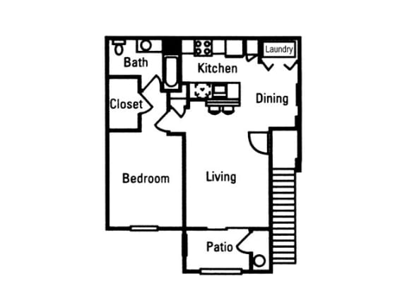 Floor Plan  1 Bedroom 1 Bath floor plan, 725 square feet with patio