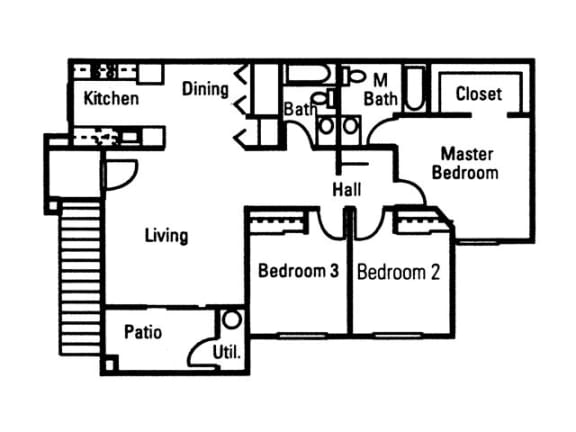 Floor Plan  3 Bedroom 2 Bath floor plan, 1,148 square feet with patio