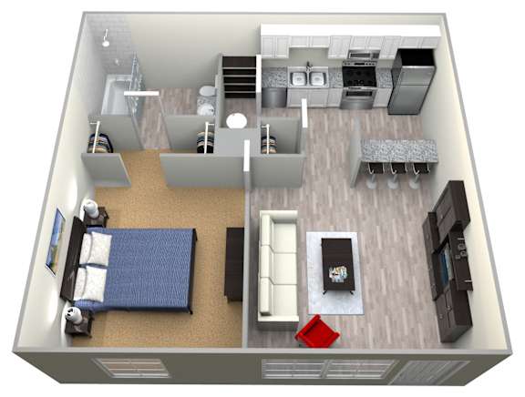 Floor Plan  3D furnished rendering of the A1 Cottage 525-square-foot one-bedroom, one-bath apartment at Madison at Roosevelt Apartments.