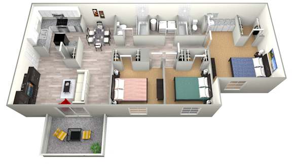 Floor Plan  3D furnished rendering of the Eden 1,270-square-foot three-bedroom, two-bath apartment at Madison at Roosevelt Apartments.