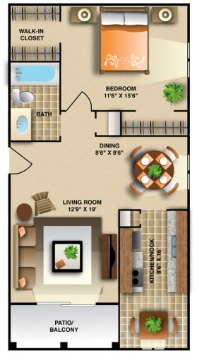 Floor Plan  One Bedroom - Medium Floor Plan | 755 Sq. Ft. at Montecito West, Raleigh, North Carolina
