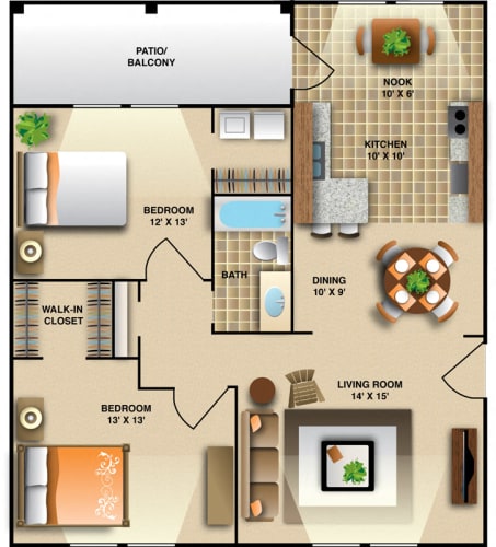 Floor Plan  Two Bedroom - One Bath Floor Plan | 996 Sq. Ft. at Montecito West, North Carolina