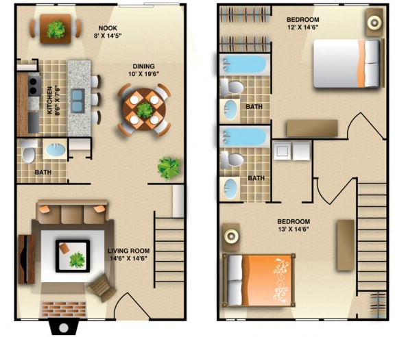 Floor Plan  Two Bedroom - Two and a Half Baths Floor Plan | 1,224 Sq. Ft. at Montecito West, Raleigh, NC