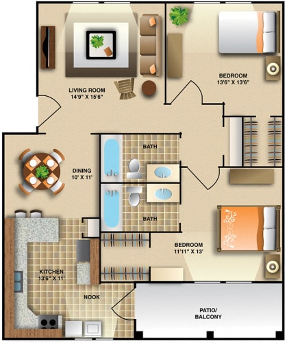 Floor Plan  Two Bedroom- Medium  Floor Plan | 1,071 Sq. Ft. at Montecito West, North Carolina, 27609