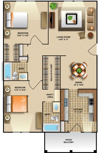 Floor Plan  Two Bedroom - Large Floor Plan | 1,130 Sq. Ft. at Montecito West, Raleigh, NC, 27609
