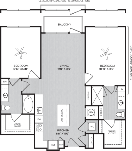 Floor Plan  B1d Two Bedroom Floor Plan with Balcony at Apartment Homes For Rent in Vinings, GA